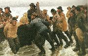 Michael Ancher fiskere ifard med at satte en rorsbad i vandet oil painting on canvas